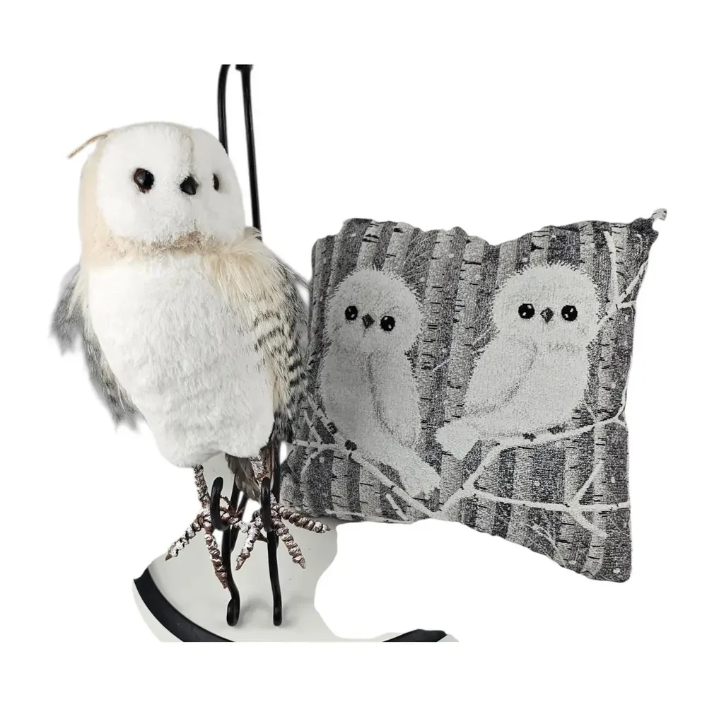 Snowy Owl Plush Figurine and Woven Birch Tree Throw Pillow Woodland‎ Decor Set